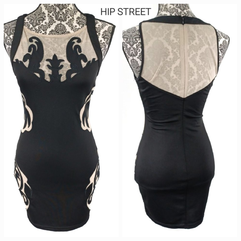 MUSTARD SEED Dress Sleeveless Scroll Applique On Mesh Bodycon Stretch Mini M